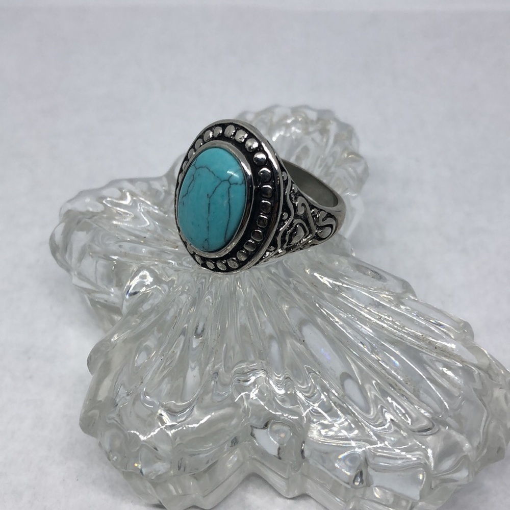 ANTIQUE silver tone faux turquoise costume ring unisex statement